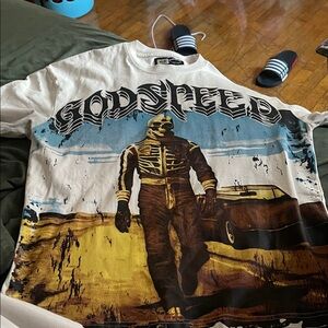 Godspeed White Graphic Tee with Blue and Black Design